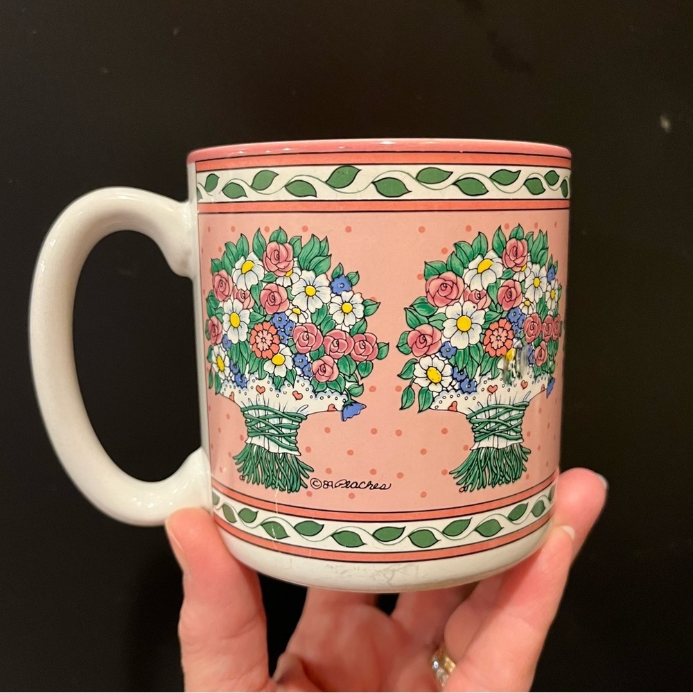 Vintage Flowers Inc. Balloons “Peaches” Floral Bouquet Pink and White Mug - Picture 2 of 10